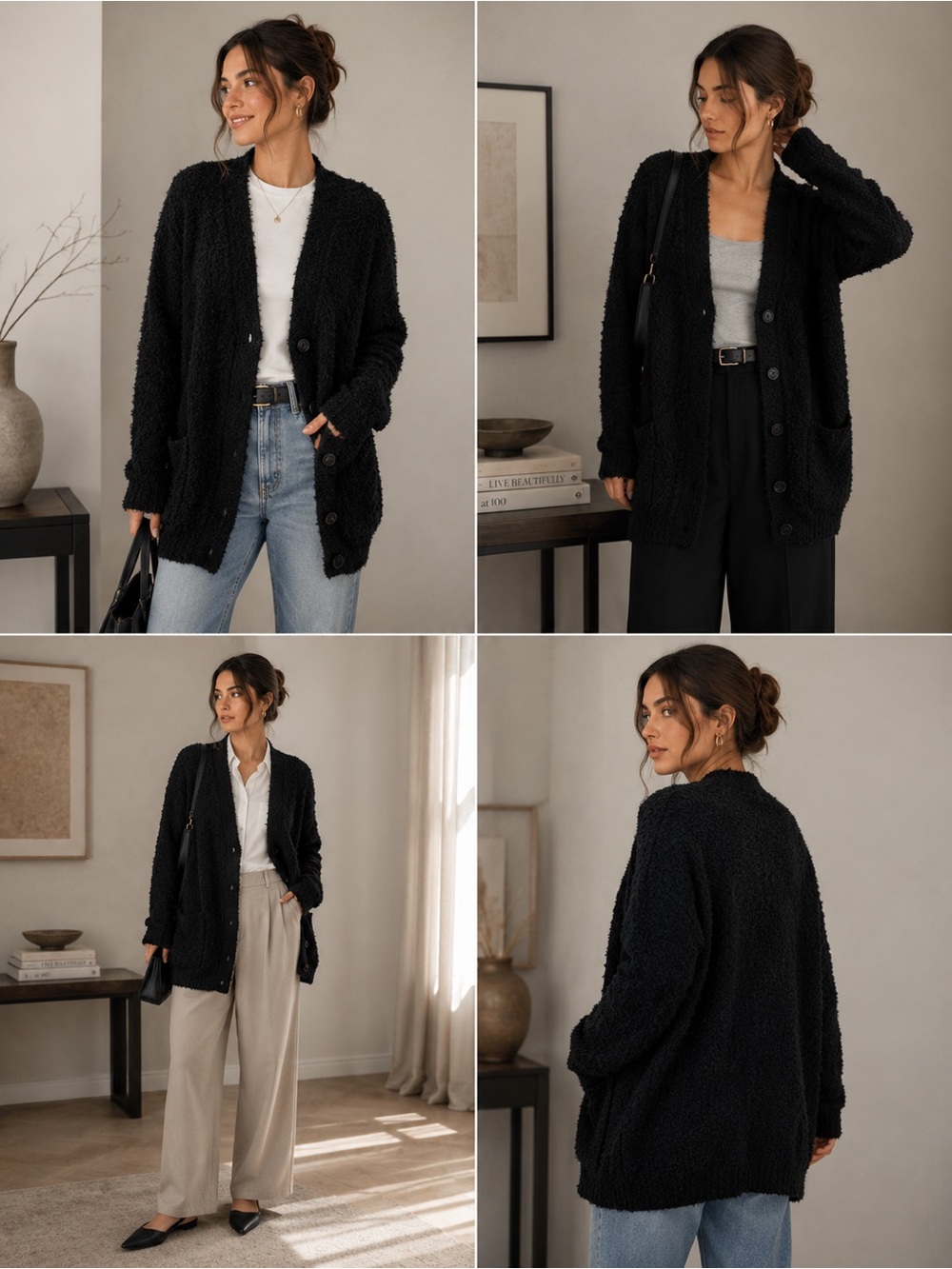 Wilfred (Aritzia) Black Bouclé Button-Front Cardigan